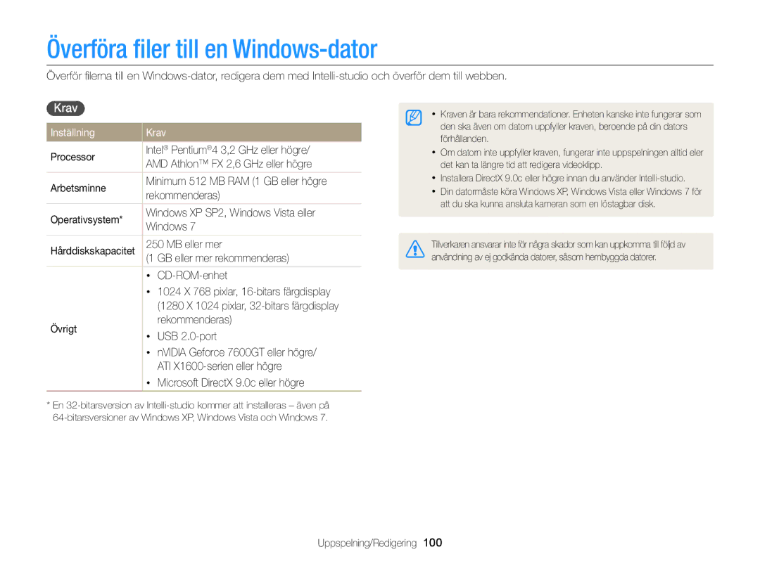 Samsung EC-DV300ZBPRE2, EC-DV300ZBPUE2, EC-DV300ZBPBE2 manual Överföra ﬁler till en Windows-dator, Inställning Krav 