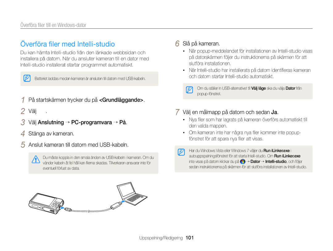 Samsung EC-DV300ZBPUE2, EC-DV300ZBPBE2 manual Överföra ﬁler med Intelli-studio, Överföra ﬁler till en Windows-dator 