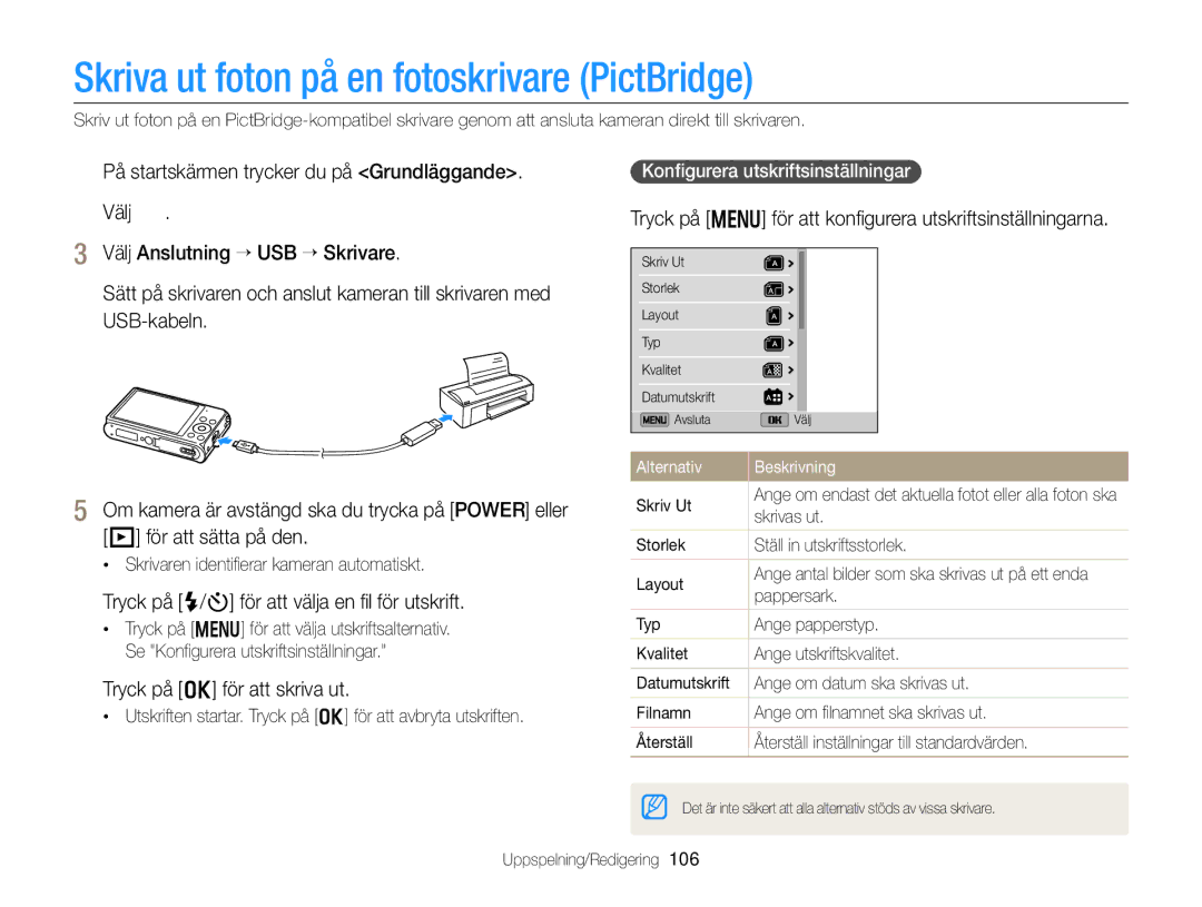 Samsung EC-DV300ZBPRE2 manual Skriva ut foton på en fotoskrivare PictBridge, Tryck på F/t för att välja en ﬁl för utskrift 