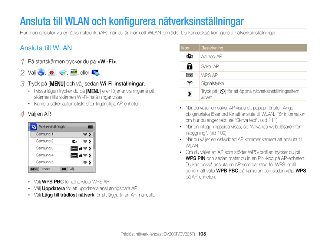 Samsung EC-DV300ZBPBE2, EC-DV300ZBPUE2, EC-DV300FBPUE2 Ansluta till Wlan och konﬁgurera nätverksinställningar, Välj en AP 