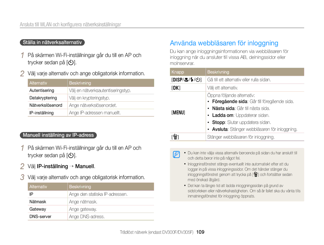 Samsung EC-DV300FBPUE2 manual Använda webbläsaren för inloggning, Ansluta till Wlan och konﬁgurera nätverksinställningar 