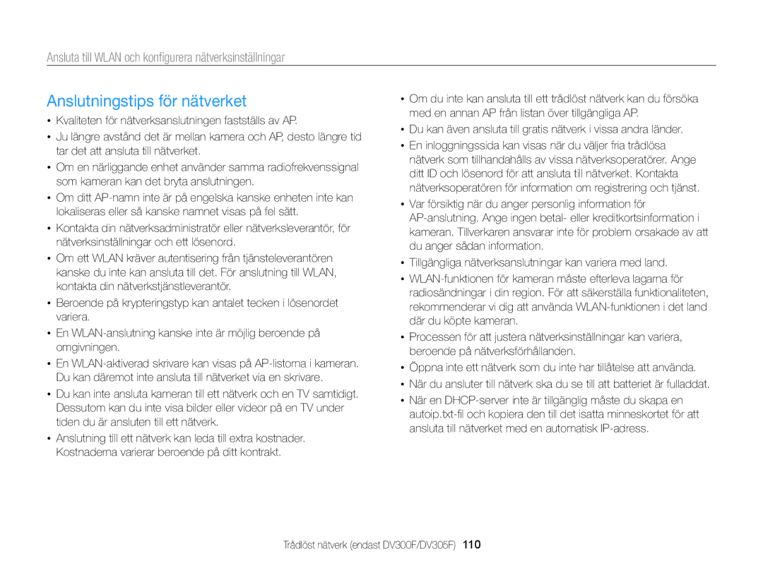 Samsung EC-DV300FBPBE2 manual Anslutningstips för nätverket, Du kan även ansluta till gratis nätverk i vissa andra länder 