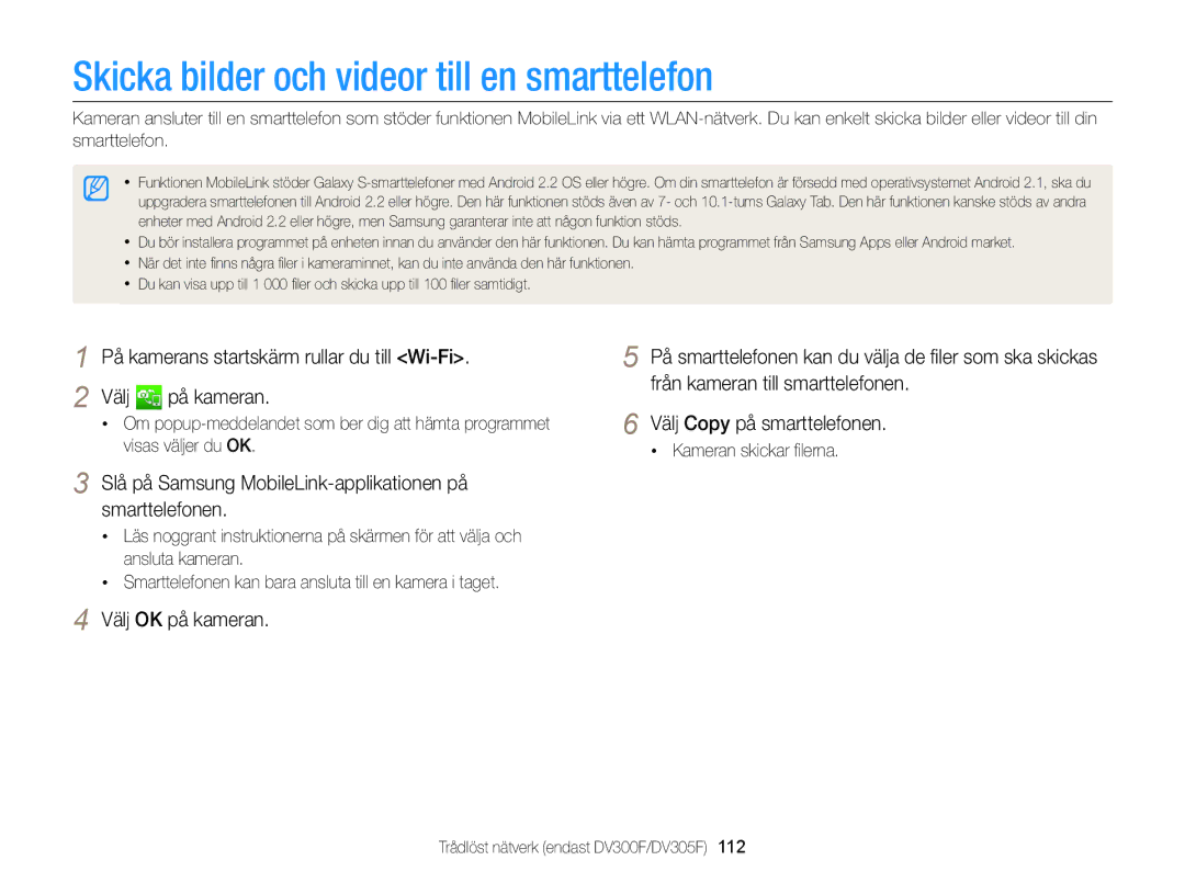 Samsung EC-DV300ZBPRE2, EC-DV300ZBPUE2 manual Skicka bilder och videor till en smarttelefon, Kameran skickar ﬁlerna 