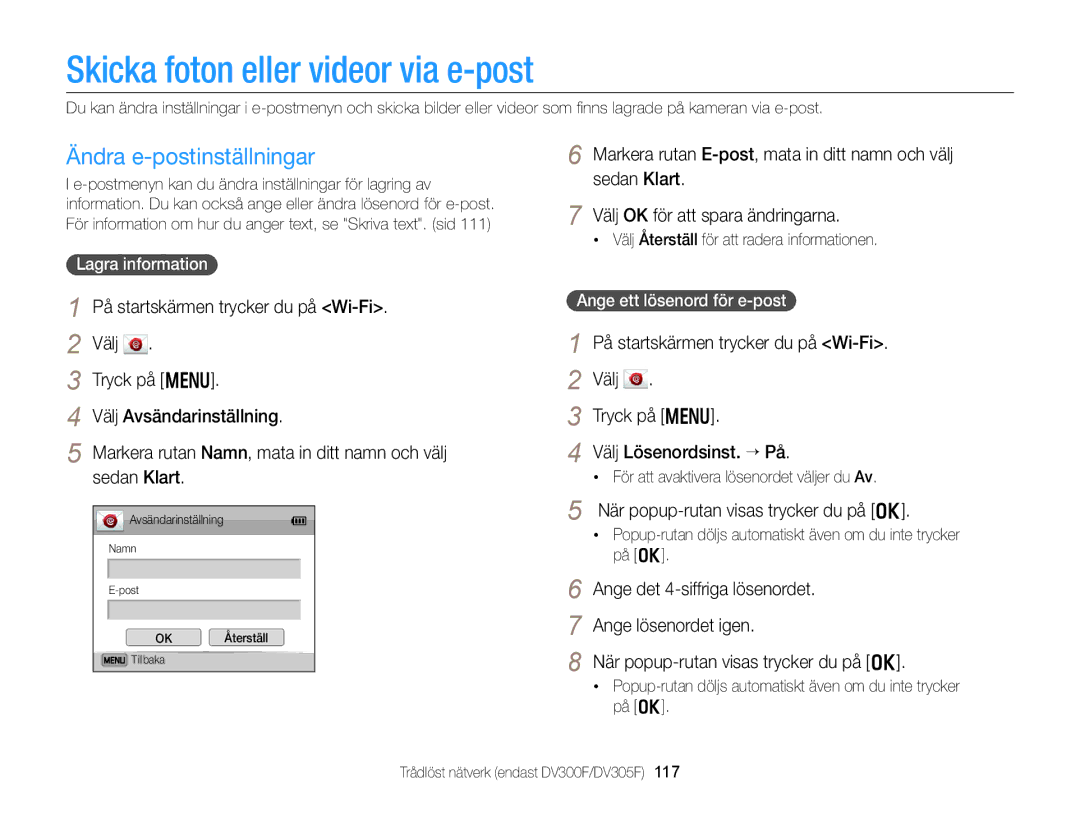 Samsung EC-DV300FBPRE2, EC-DV300ZBPUE2 Skicka foton eller videor via e-post, Ändra e-postinställningar, Lagra information 