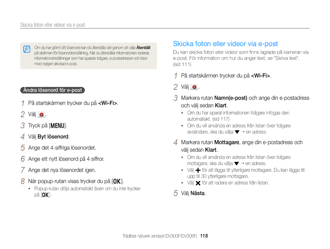 Samsung EC-DV300ZBPRE2, EC-DV300ZBPUE2 manual Skicka foton eller videor via e-post, Välj Nästa, Ändra lösenord för e-post 
