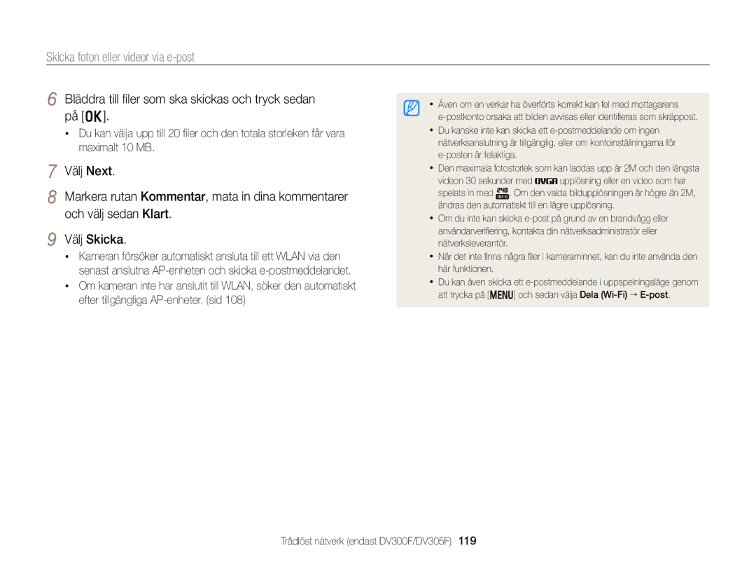 Samsung EC-DV300ZBPUE2, EC-DV300ZBPBE2, EC-DV300FBPUE2 manual Bläddra till ﬁler som ska skickas och tryck sedan på o 