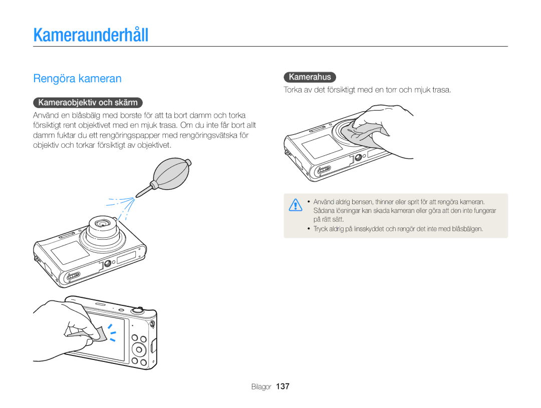 Samsung EC-DV300ZBPUE2, EC-DV300ZBPBE2 manual Kameraunderhåll, Rengöra kameran, Kameraobjektiv och skärm, Kamerahus 