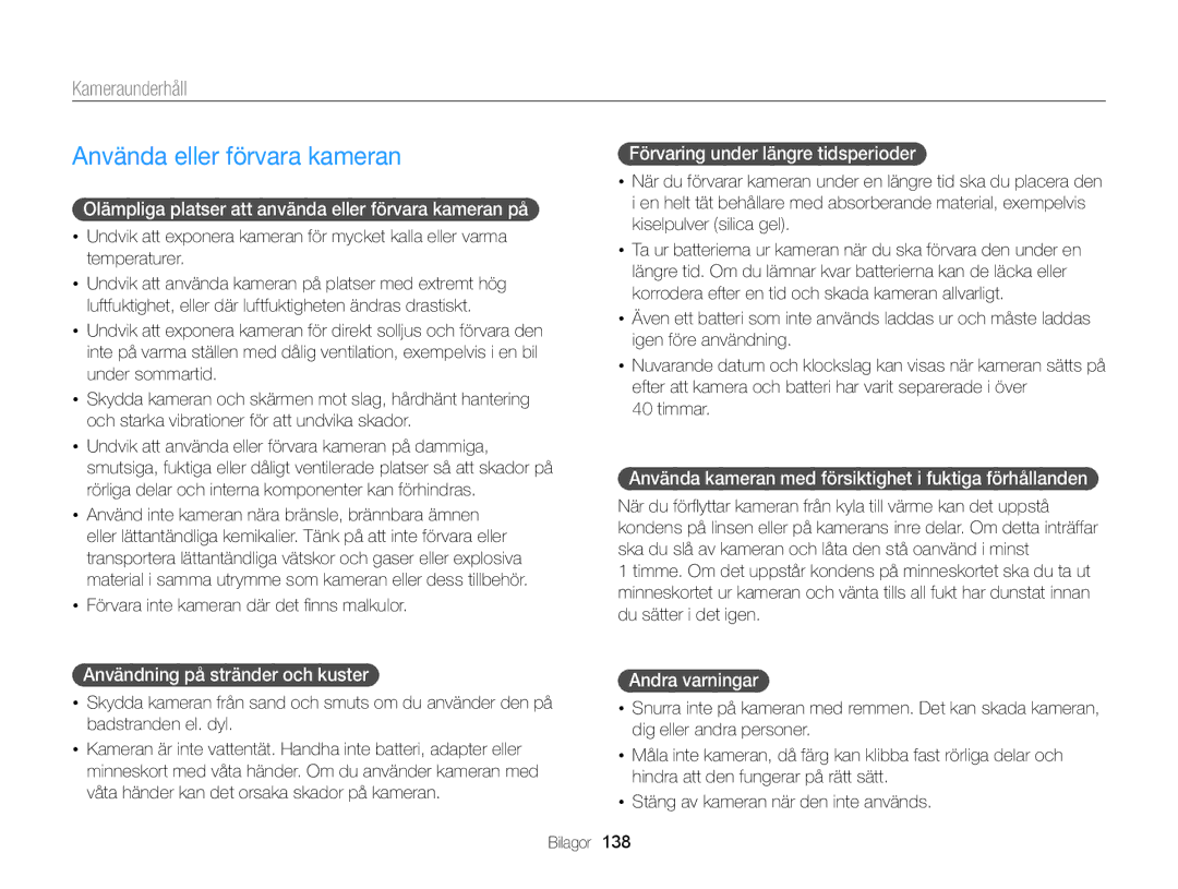 Samsung EC-DV300ZBPBE2, EC-DV300ZBPUE2, EC-DV300FBPUE2, EC-DV300FBPBE2 manual Använda eller förvara kameran, Kameraunderhåll 