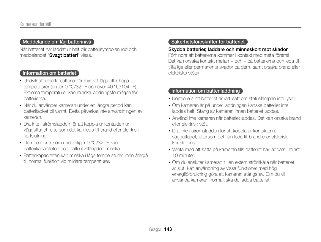 Samsung EC-DV300ZBPUE2 manual Meddelande om låg batterinivå, Information om batteriet, Säkerhetsföreskrifter för batteriet 