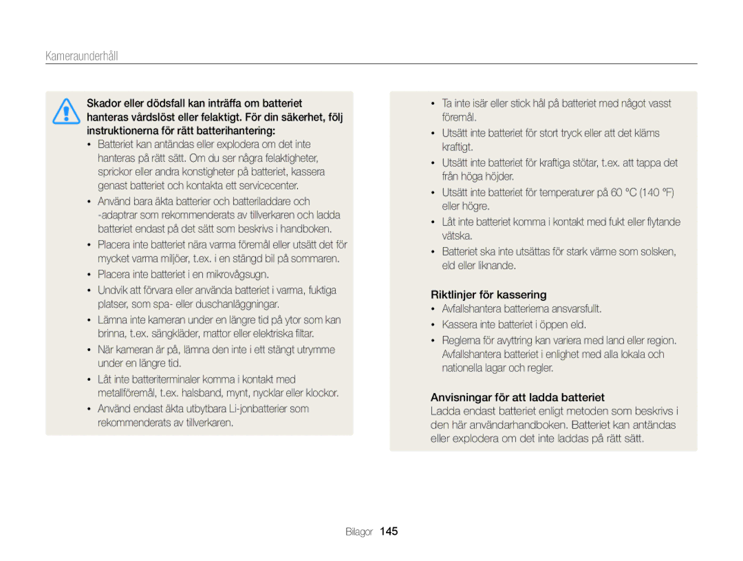 Samsung EC-DV300FBPUE2 manual Använd bara äkta batterier och batteriladdare och, Placera inte batteriet i en mikrovågsugn 