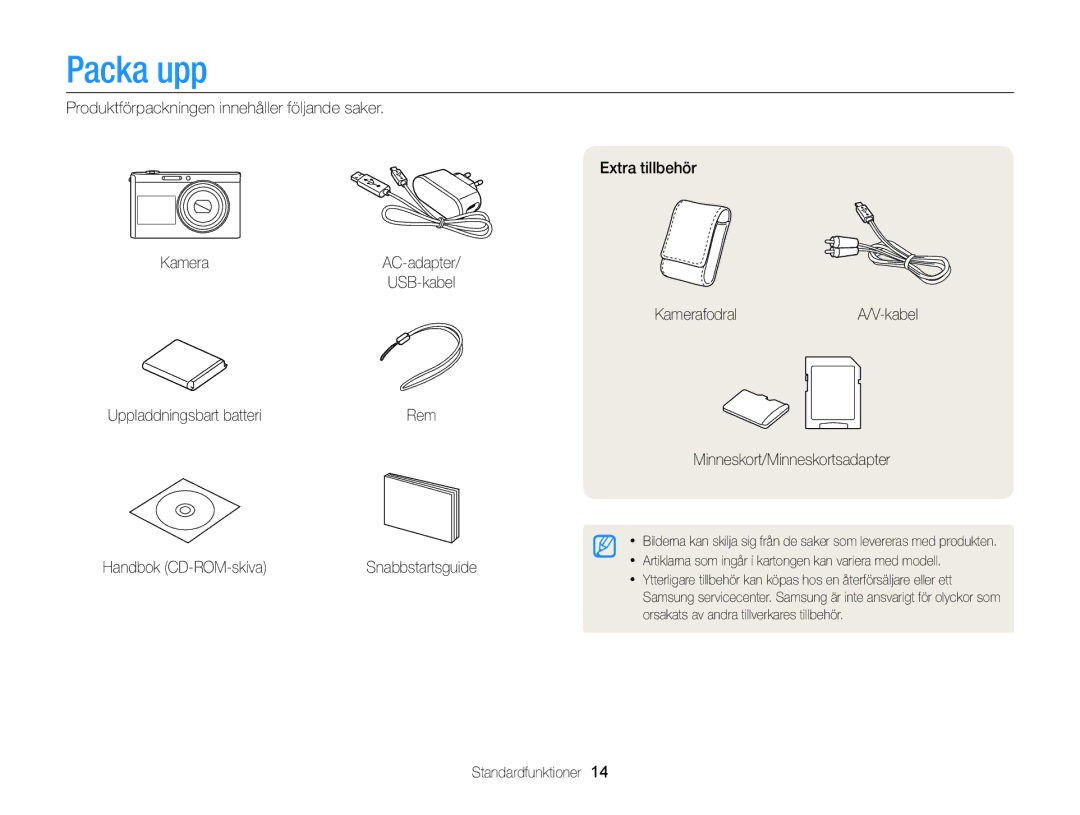 Samsung EC-DV300FBPBE2 manual Packa upp, Produktförpackningen innehåller följande saker Kamera, Uppladdningsbart batteri 