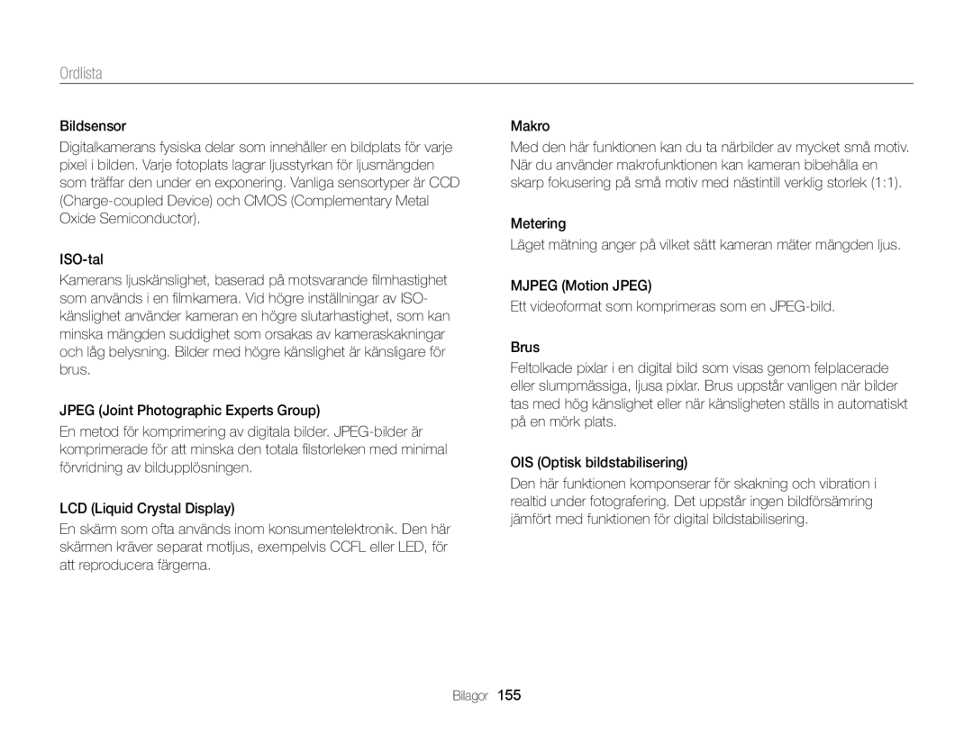 Samsung EC-DV300ZBPUE2, EC-DV300ZBPBE2, EC-DV300FBPUE2, EC-DV300FBPBE2, EC-DV300FBPRE2, EC-DV300ZBPRE2 manual Ordlista 