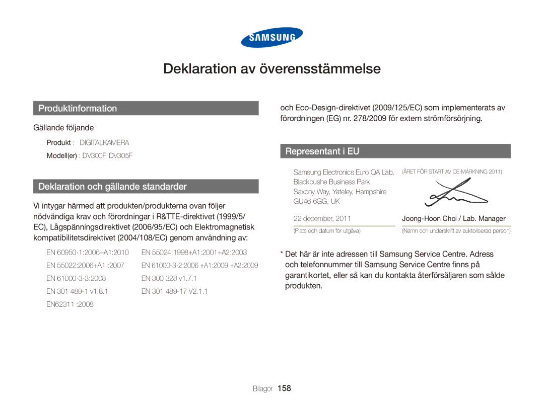 Samsung EC-DV300FBPBE2, EC-DV300ZBPUE2, EC-DV300ZBPBE2, EC-DV300FBPUE2 Deklaration av överensstämmelse, Gällande följande 