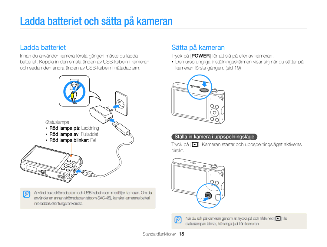 Samsung EC-DV300ZBPBE2 manual Ladda batteriet och sätta på kameran, Sätta på kameran, Ställa in kamera i uppspelningsläge 