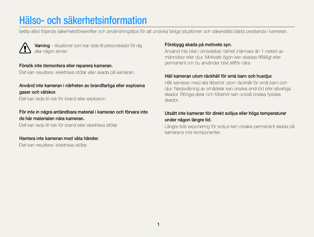 Samsung EC-DV300FBPUE2, EC-DV300ZBPUE2, EC-DV300ZBPBE2, EC-DV300FBPBE2, EC-DV300FBPRE2 manual Hälso- och säkerhetsinformation 