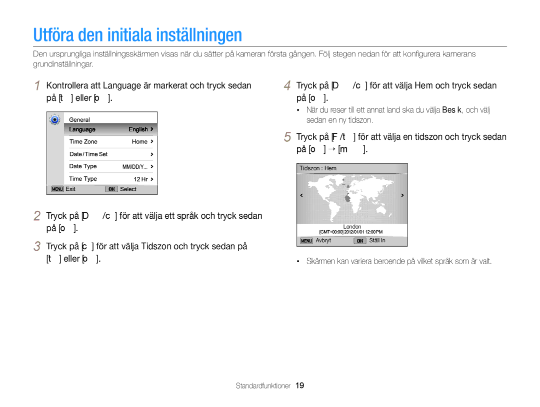 Samsung EC-DV300FBPUE2, EC-DV300ZBPUE2, EC-DV300ZBPBE2, EC-DV300FBPBE2, EC-DV300FBPRE2 manual Utföra den initiala inställningen 