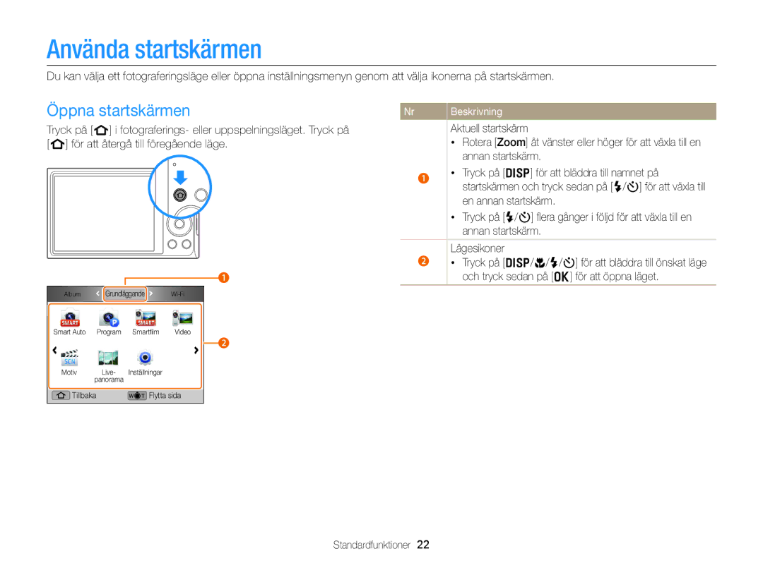 Samsung EC-DV300ZBPRE2, EC-DV300ZBPUE2, EC-DV300ZBPBE2, EC-DV300FBPUE2 manual Använda startskärmen, Öppna startskärmen 