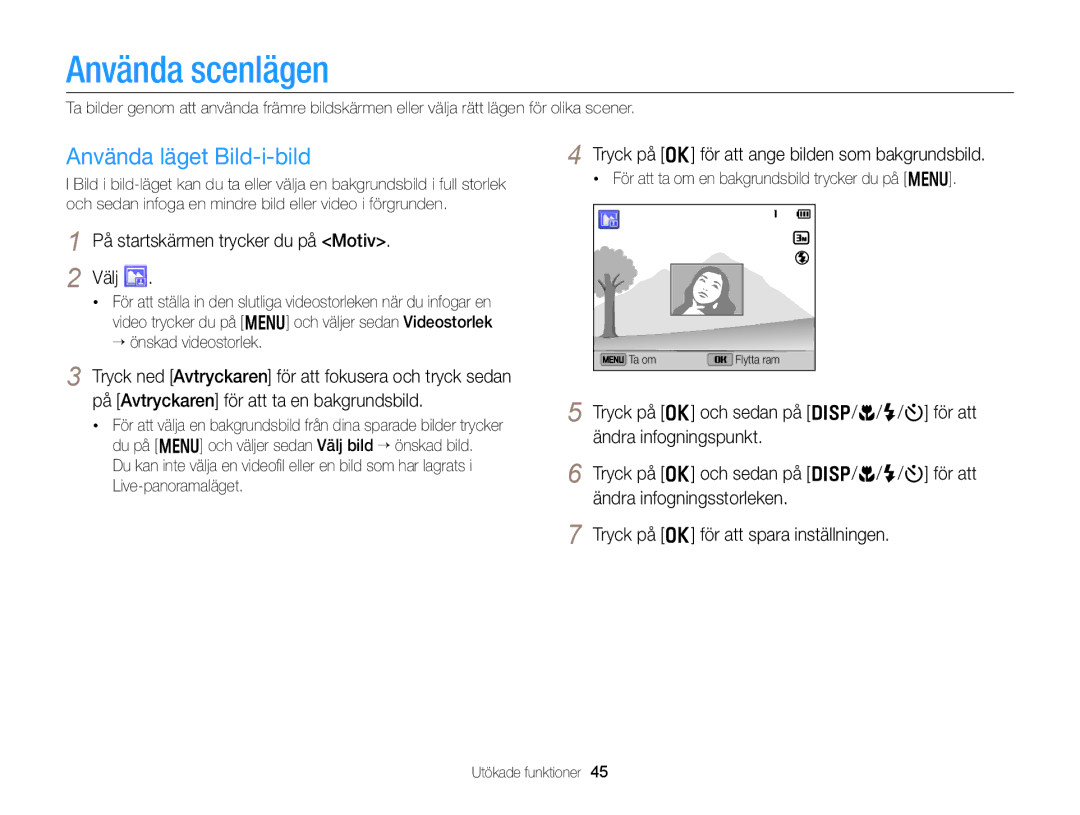 Samsung EC-DV300FBPRE2 manual Använda scenlägen, Använda läget Bild-i-bild, På startskärmen trycker du på Motiv Välj 