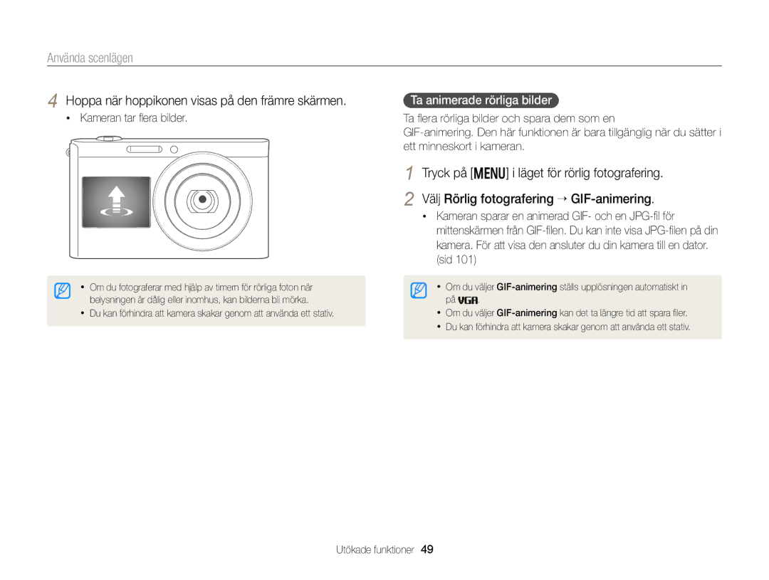 Samsung EC-DV300FBPUE2, EC-DV300ZBPUE2 manual Hoppa när hoppikonen visas på den främre skärmen, Kameran tar ﬂera bilder 