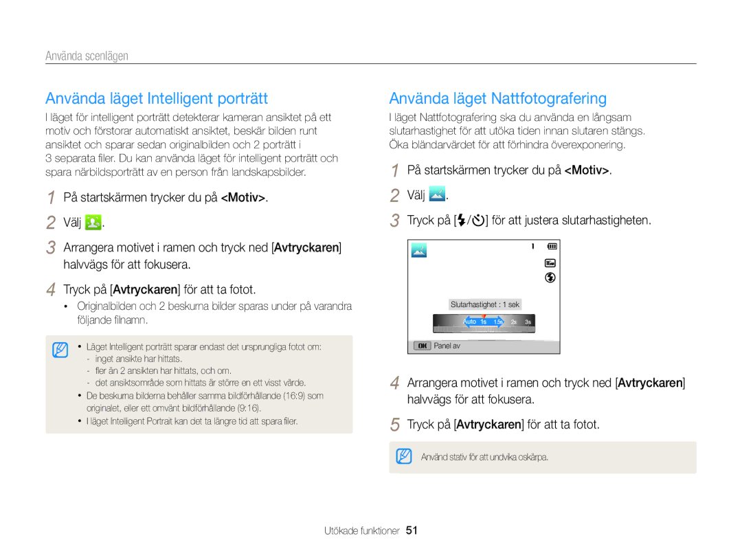 Samsung EC-DV300FBPRE2, EC-DV300ZBPUE2, EC-DV300ZBPBE2 Använda läget Intelligent porträtt, Använda läget Nattfotografering 