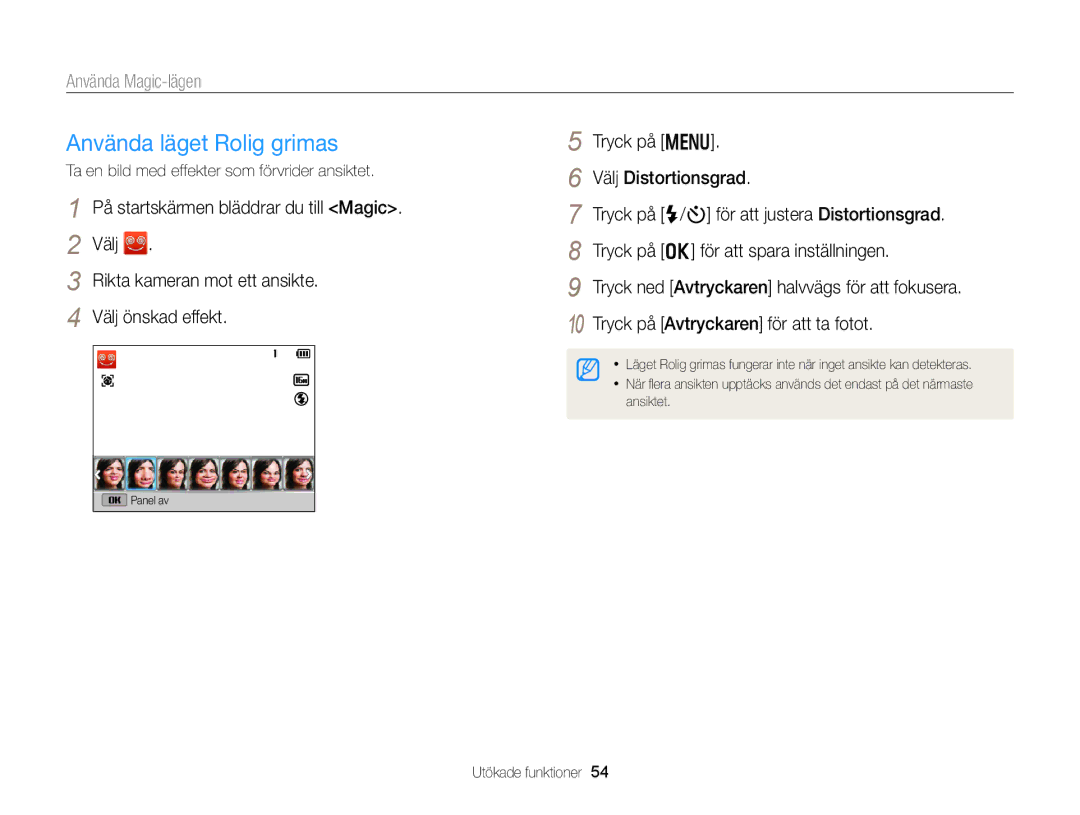 Samsung EC-DV300ZBPBE2 Använda läget Rolig grimas, Använda Magic-lägen, Ta en bild med effekter som förvrider ansiktet 