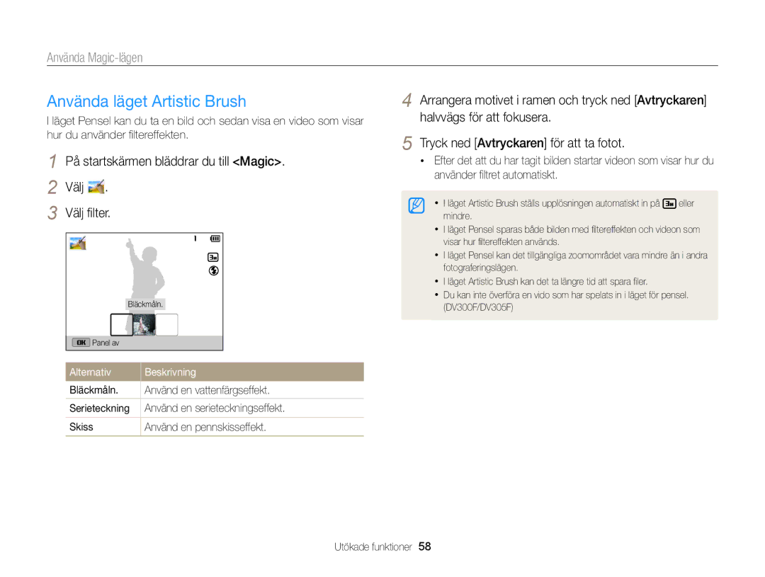 Samsung EC-DV300ZBPRE2 manual Använda läget Artistic Brush, På startskärmen bläddrar du till Magic Välj Välj ﬁlter 