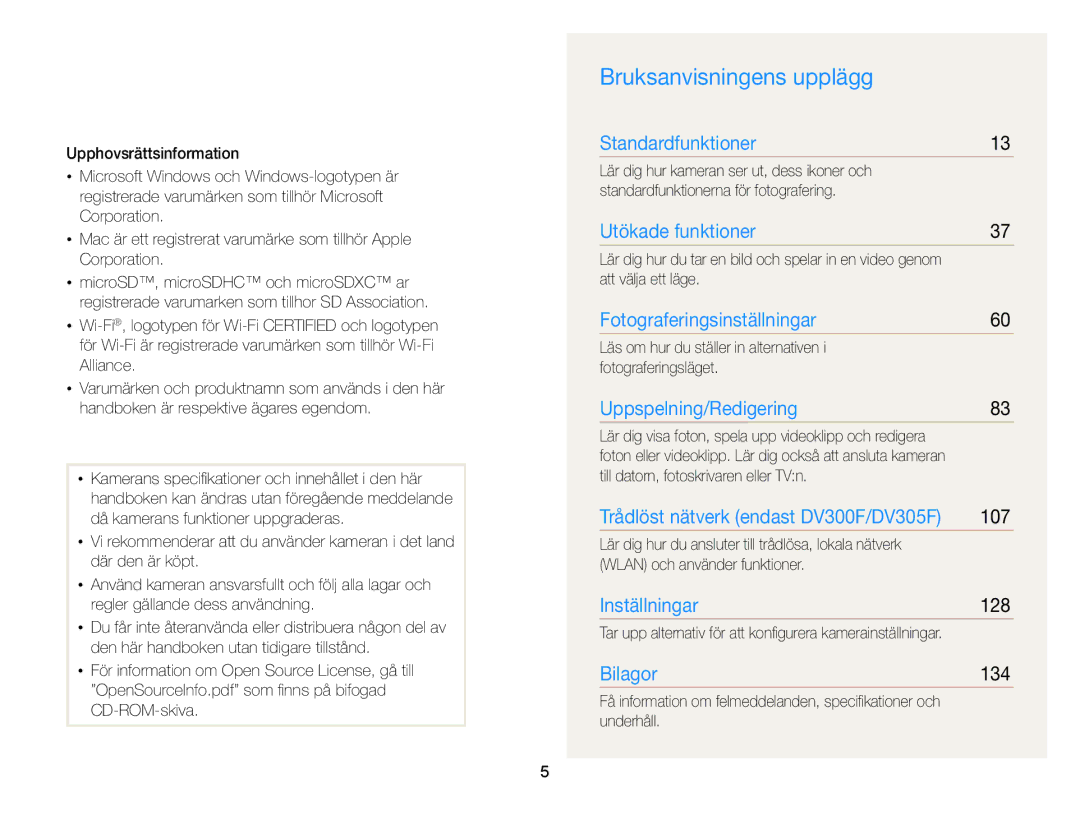 Samsung EC-DV300ZBPUE2, EC-DV300ZBPBE2, EC-DV300FBPUE2, EC-DV300FBPBE2 manual Bruksanvisningens upplägg, 107, 128, 134 