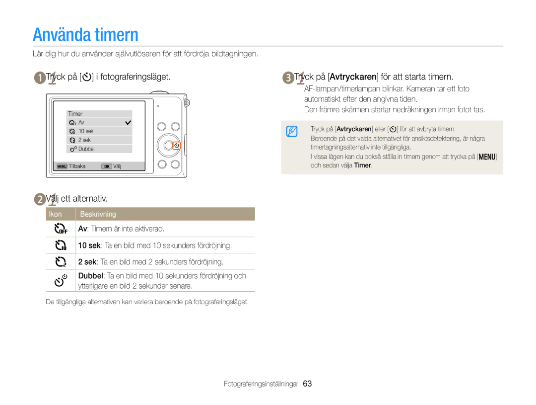 Samsung EC-DV300FBPRE2 manual Använda timern, Tryck på t i fotograferingsläget, Tryck på Avtryckaren för att starta timern 