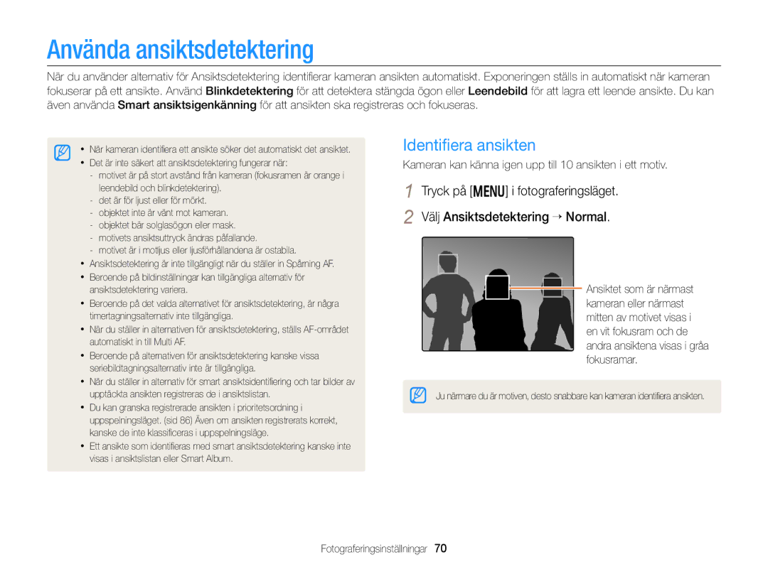 Samsung EC-DV300ZBPRE2, EC-DV300ZBPUE2, EC-DV300ZBPBE2, EC-DV300FBPUE2 manual Använda ansiktsdetektering, Identiﬁera ansikten 