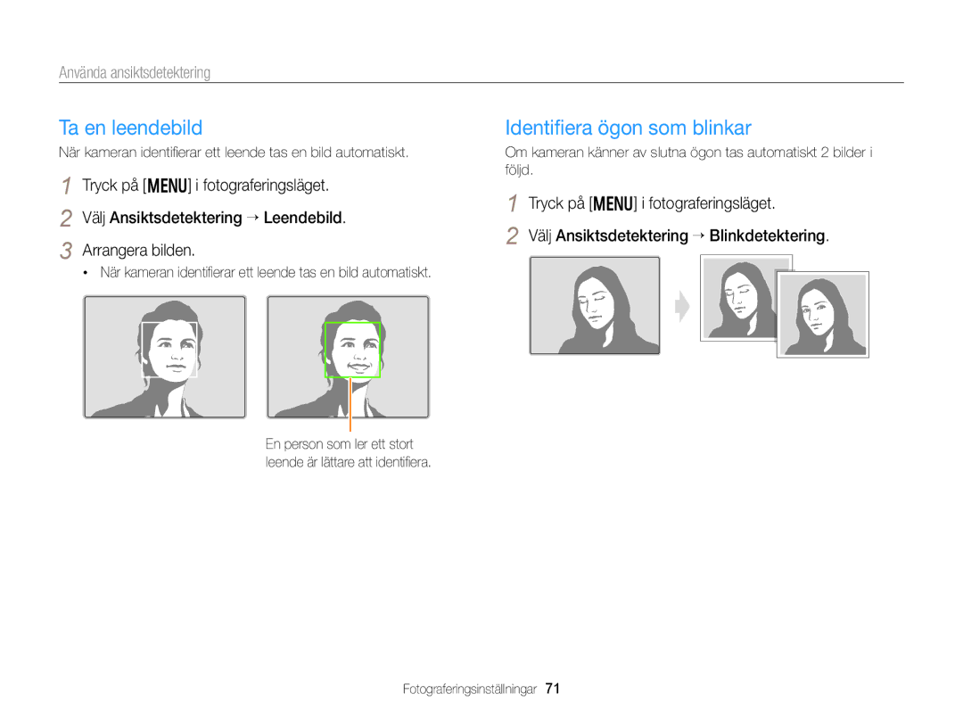 Samsung EC-DV300ZBPUE2, EC-DV300ZBPBE2 manual Ta en leendebild, Identiﬁera ögon som blinkar, Använda ansiktsdetektering 