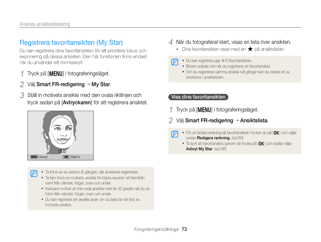 Samsung EC-DV300FBPUE2 manual Registrera favoritansikten My Star, När du fotograferat klart, visas en lista över ansikten 