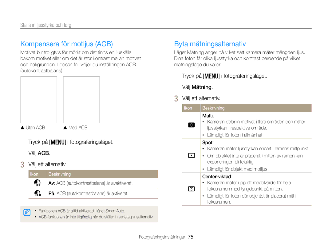 Samsung EC-DV300FBPRE2, EC-DV300ZBPUE2 Kompensera för motljus ACB, Byta mätningsalternativ, Ställa in ljusstyrka och färg 