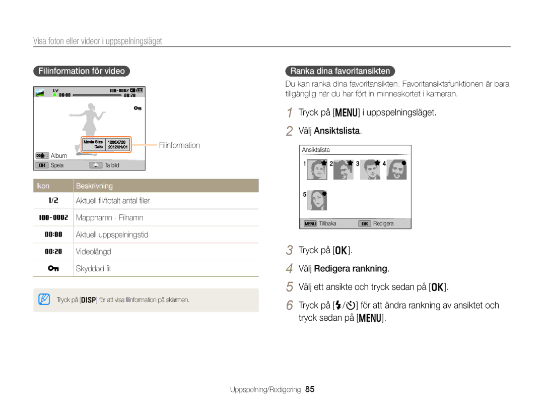 Samsung EC-DV300FBPUE2 manual Visa foton eller videor i uppspelningsläget, Tryck på m i uppspelningsläget Välj Ansiktslista 