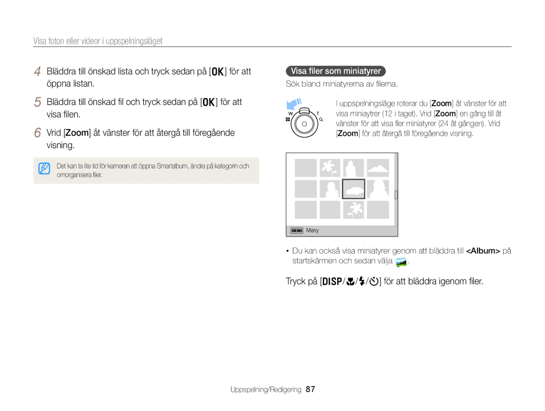 Samsung EC-DV300FBPRE2, EC-DV300ZBPUE2 manual Tryck på D/c/F/t för att bläddra igenom ﬁler, Visa ﬁler som miniatyrer 