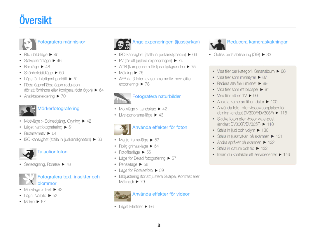 Samsung EC-DV300FBPBE2, EC-DV300ZBPUE2, EC-DV300ZBPBE2, EC-DV300FBPUE2, EC-DV300FBPRE2 manual Översikt, Fotografera människor 