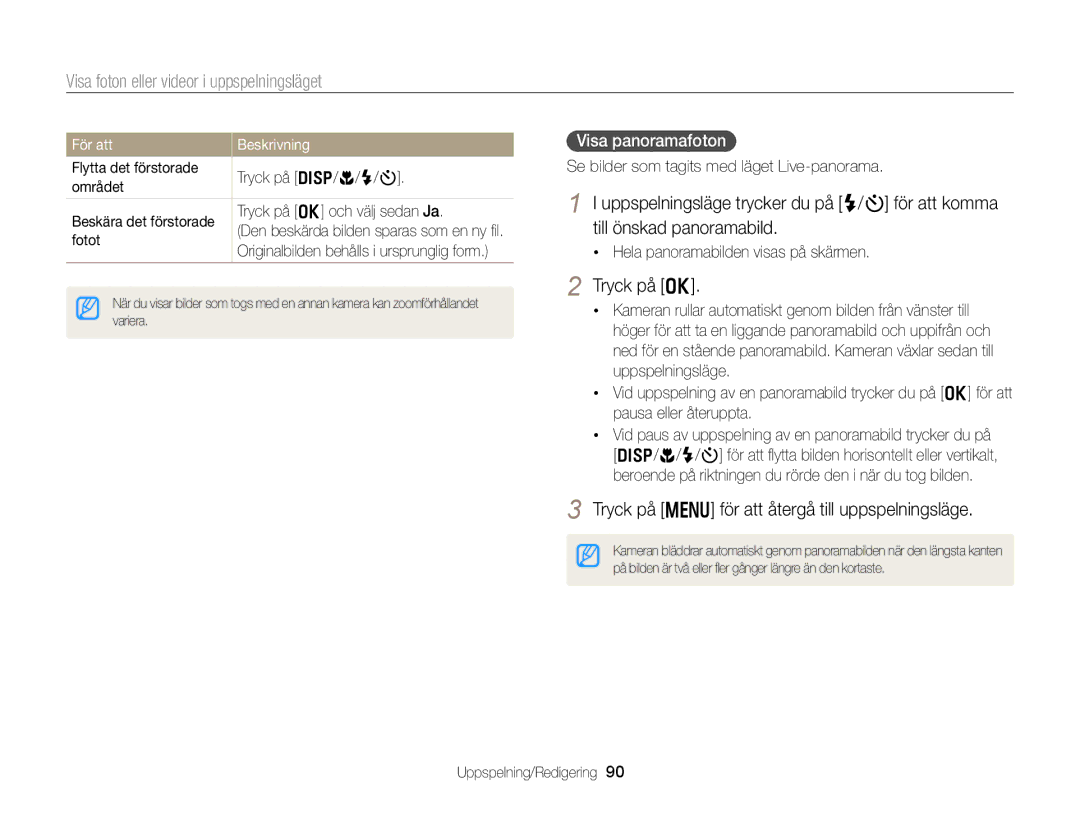 Samsung EC-DV300ZBPBE2 manual Tryck på m för att återgå till uppspelningsläge, Visa panoramafoton, För att Beskrivning 