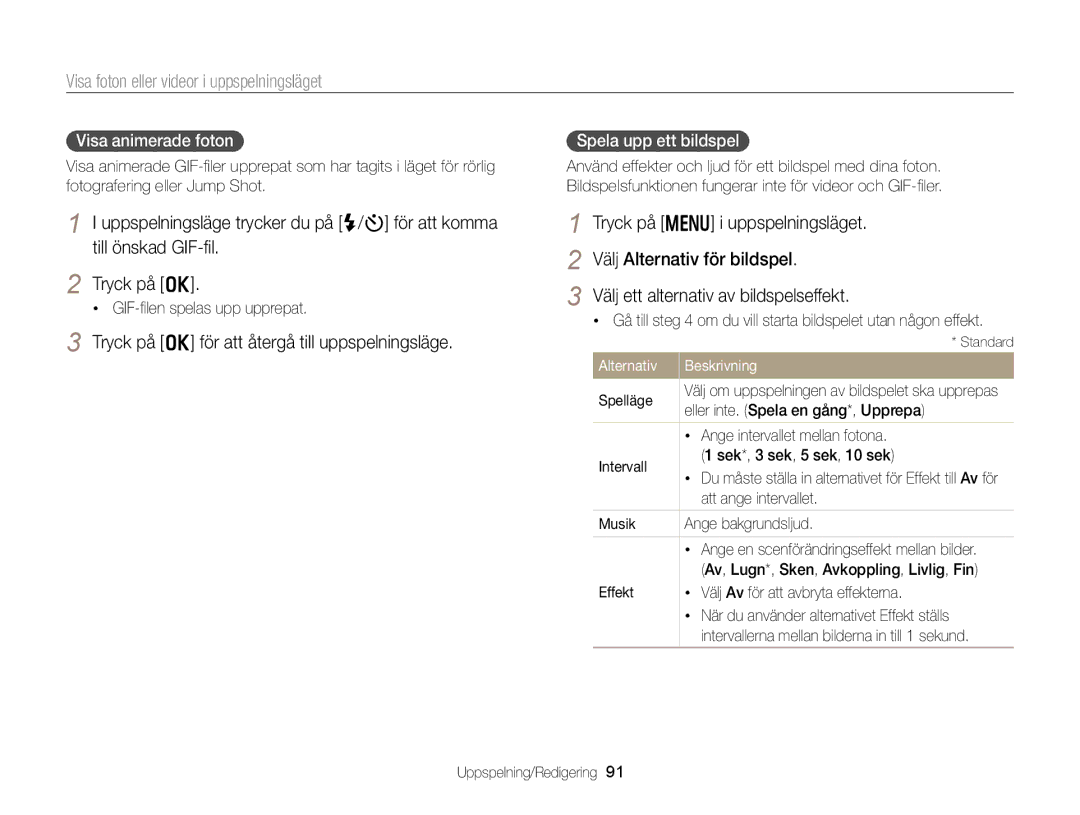 Samsung EC-DV300FBPUE2 Tryck på o för att återgå till uppspelningsläge, Visa animerade foton, GIF-ﬁlen spelas upp upprepat 