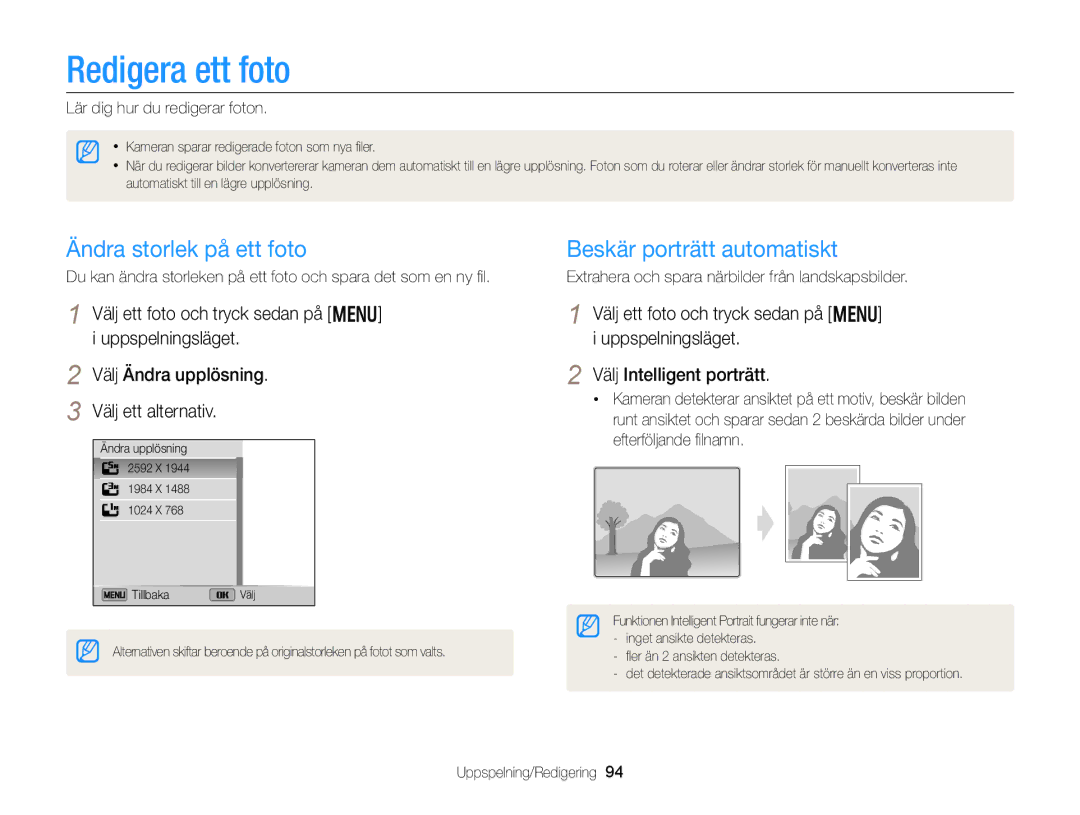 Samsung EC-DV300ZBPRE2, EC-DV300ZBPUE2 manual Redigera ett foto, Ändra storlek på ett foto, Beskär porträtt automatiskt 