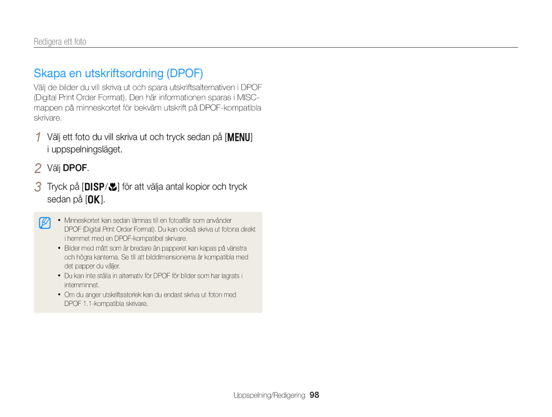 Samsung EC-DV300FBPBE2, EC-DV300ZBPUE2, EC-DV300ZBPBE2, EC-DV300FBPUE2, EC-DV300FBPRE2 manual Skapa en utskriftsordning Dpof 