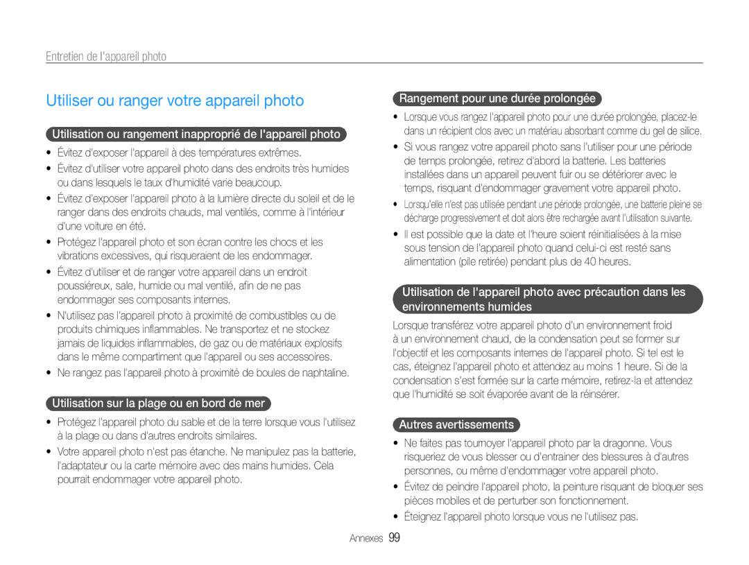Samsung EC-DV90ZZFPPFR, EC-DV90ZZBPBE1 manual Utiliser ou ranger votre appareil photo, Entretien de lappareil photo 