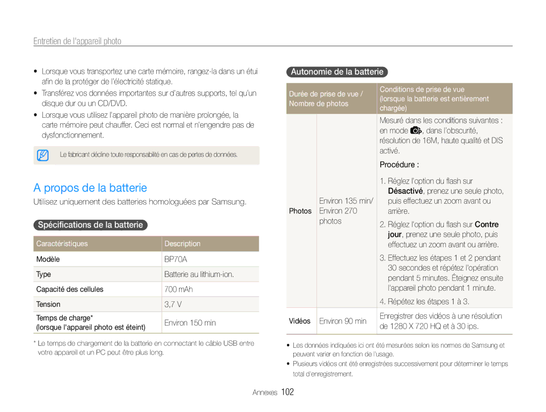 Samsung EC-DV90ZZFPPFR, EC-DV90ZZBPBE1 manual Propos de la batterie, Spécifications de la batterie, Autonomie de la batterie 