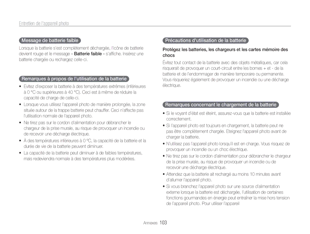 Samsung EC-DV90ZZFPBFR, EC-DV90ZZBPBE1 manual Message de batterie faible, Remarques à propos de lutilisation de la batterie 