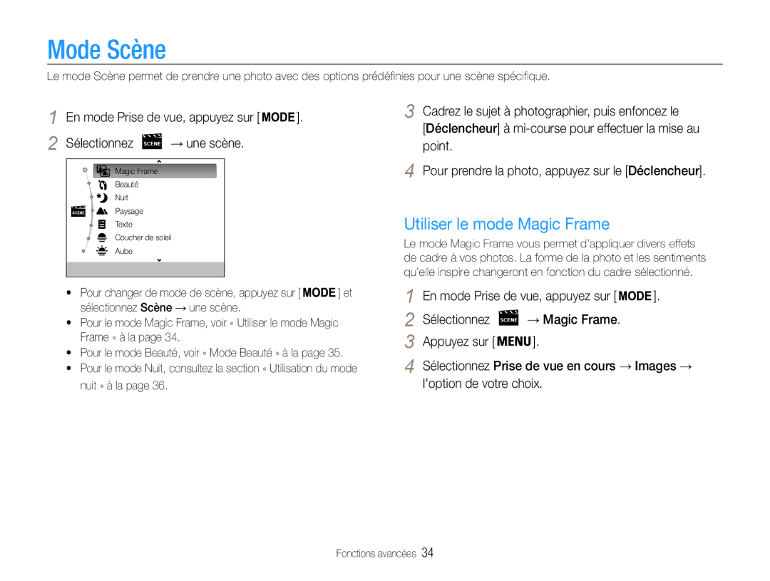 Samsung EC-DV90ZZFPBFR manual Mode Scène, Utiliser le mode Magic Frame, Pour le mode Beauté, voir « Mode Beauté » à la 