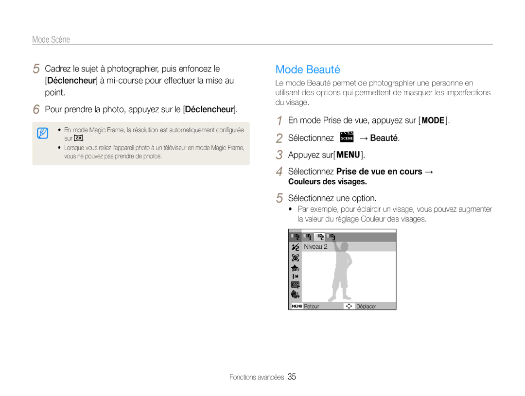 Samsung EC-DV90ZZBPBE1, EC-DV90ZZFPPFR, EC-DV90ZZFPBFR manual Mode Beauté, Mode Scène, Sélectionnez une option 