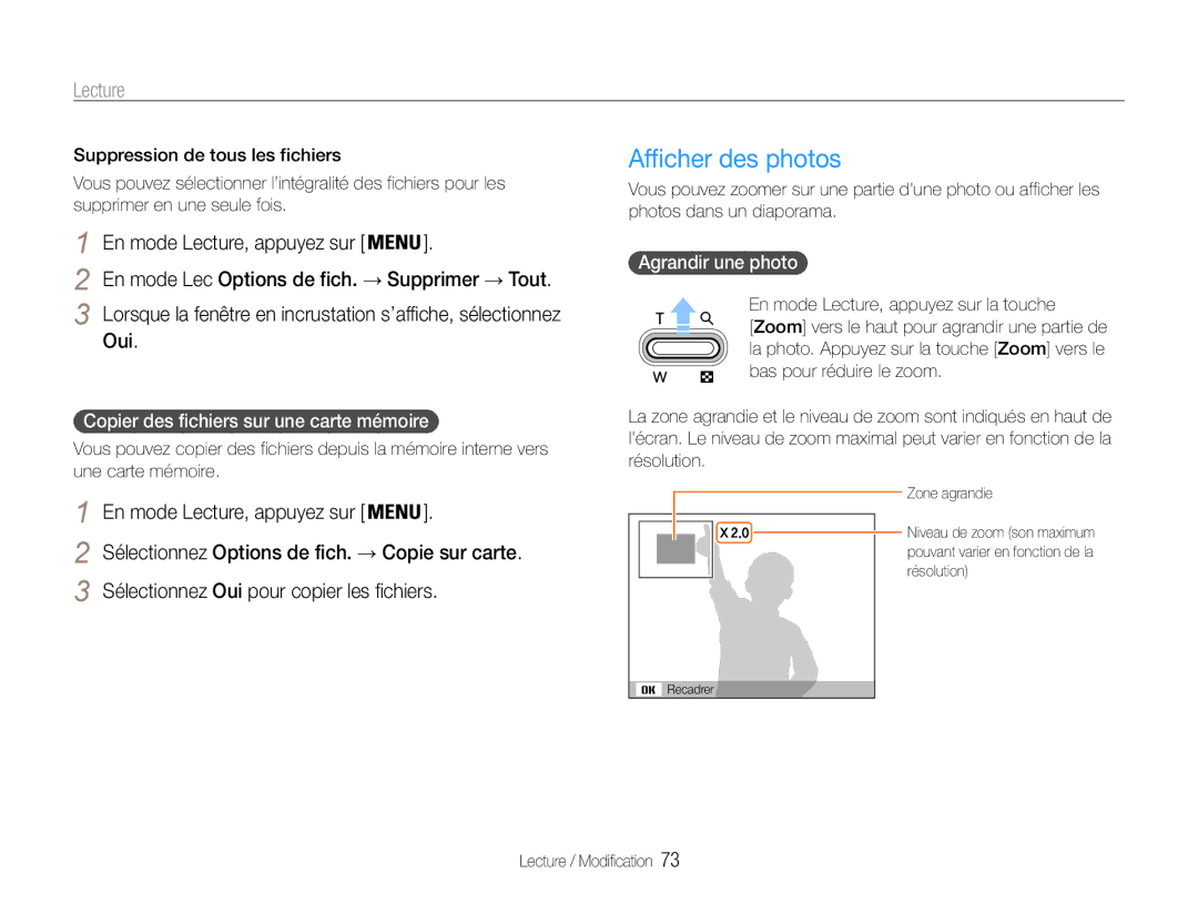 Samsung EC-DV90ZZFPBFR, EC-DV90ZZBPBE1 Afficher des photos, Copier des fichiers sur une carte mémoire, Agrandir une photo 