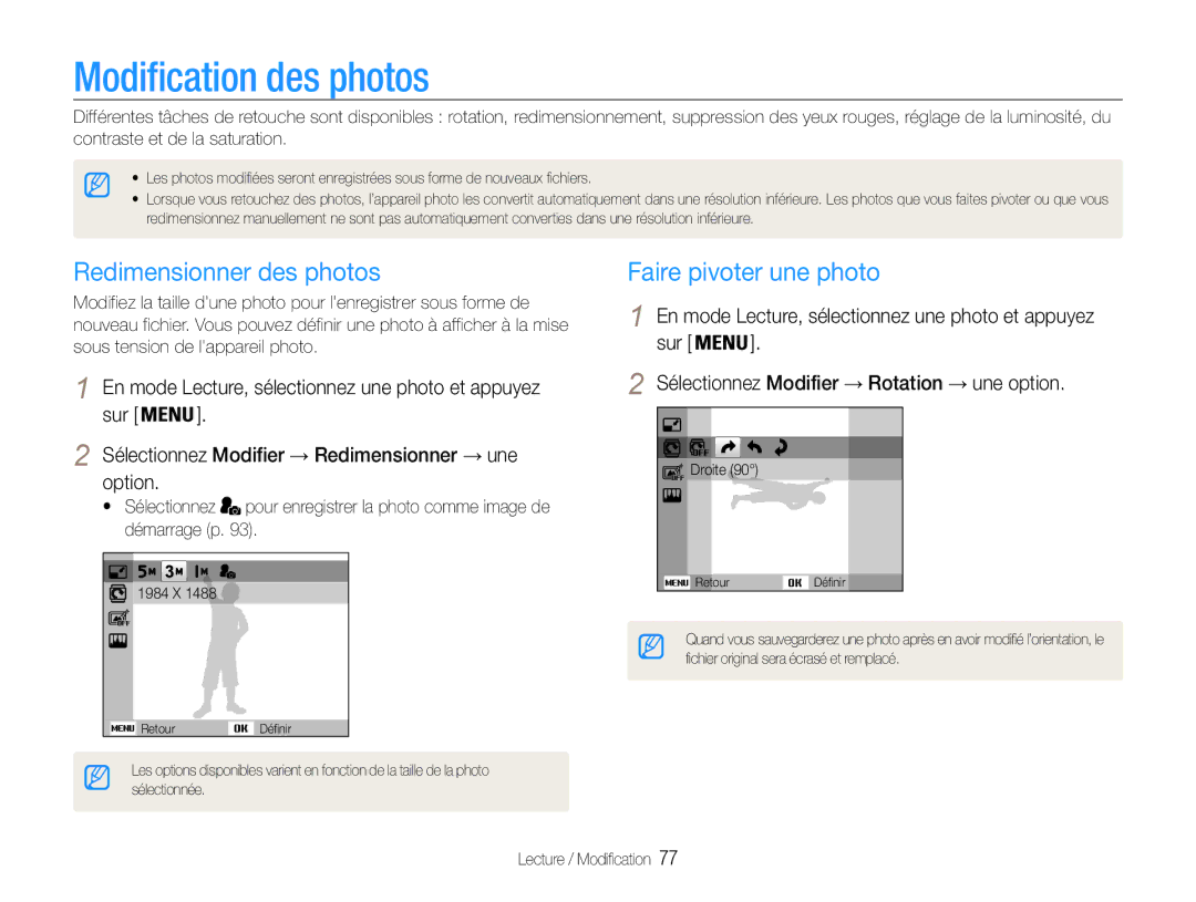 Samsung EC-DV90ZZBPBE1, EC-DV90ZZFPPFR manual Modification des photos, Redimensionner des photos, Faire pivoter une photo 