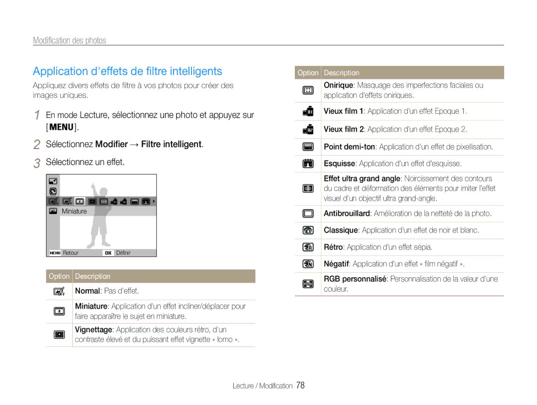 Samsung EC-DV90ZZFPPFR, EC-DV90ZZBPBE1, EC-DV90ZZFPBFR Application deffets de filtre intelligents, Modification des photos 