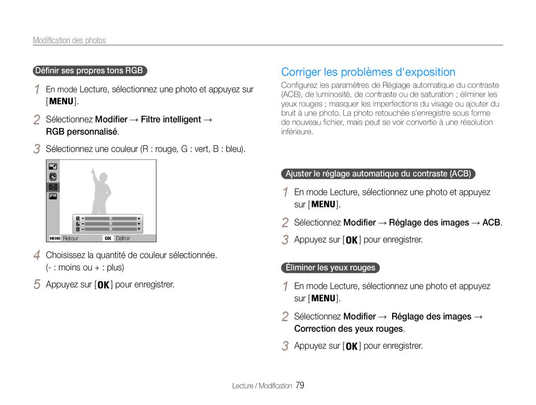 Samsung EC-DV90ZZFPBFR, EC-DV90ZZBPBE1, EC-DV90ZZFPPFR manual Corriger les problèmes dexposition 