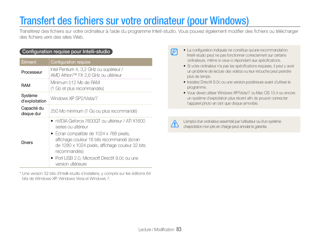 Samsung EC-DV90ZZBPBE1 Transfert des fichiers sur votre ordinateur pour Windows, Configuration requise pour Intelli-studio 