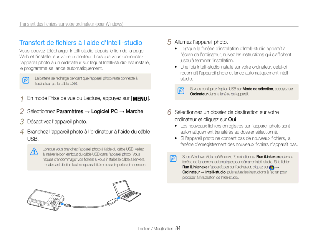 Samsung EC-DV90ZZFPPFR, EC-DV90ZZBPBE1 manual Transfert de fichiers à laide dIntelli-studio, Allumez l’appareil photo 